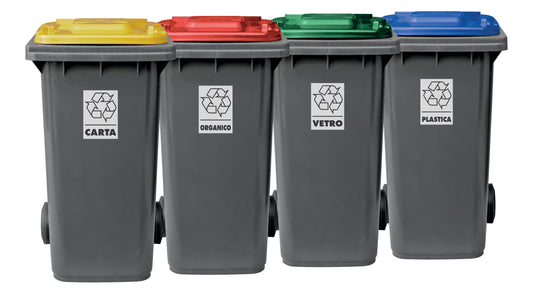 Bidone Carrellato Raccolta Differenziata Bicolore 240lt + Kit Pedale Mobil Plastic 4 Pezzi