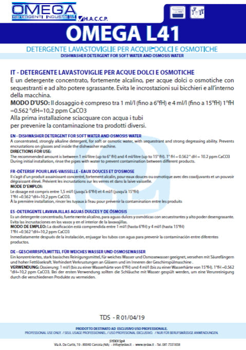 Detergente Lavastoviglie Sydex Omega L41 12kg