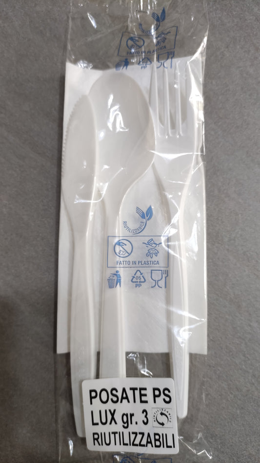 Tris Posate Bianche Forchetta Coltello Cucchiaio + Tovagliolo 1 Velo 500 Pezzi