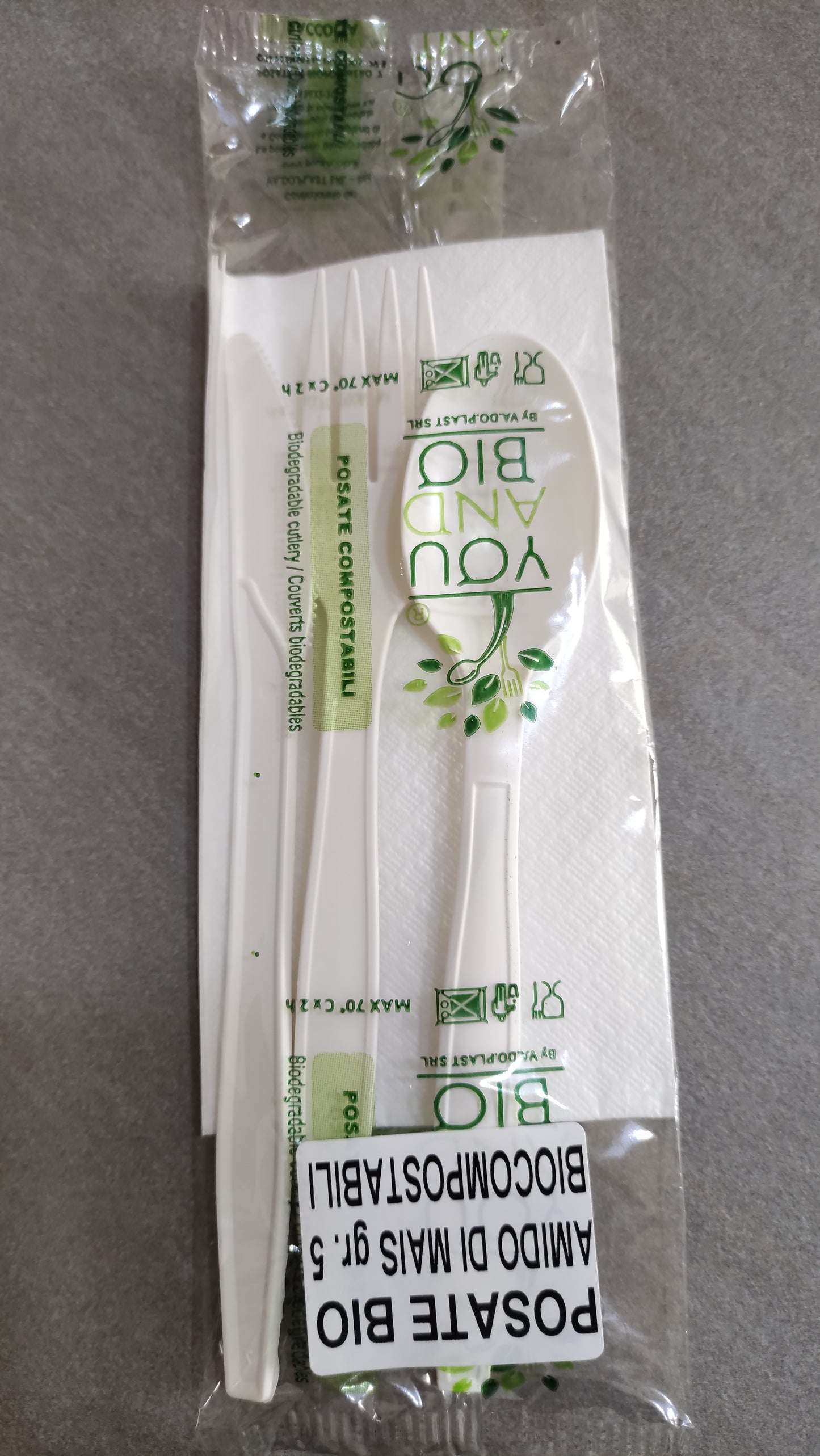 Tris Posate Bio Compostabili Forchetta Coltello Cucchiaio + Tovagliolo 1 Velo 500 Pezzi